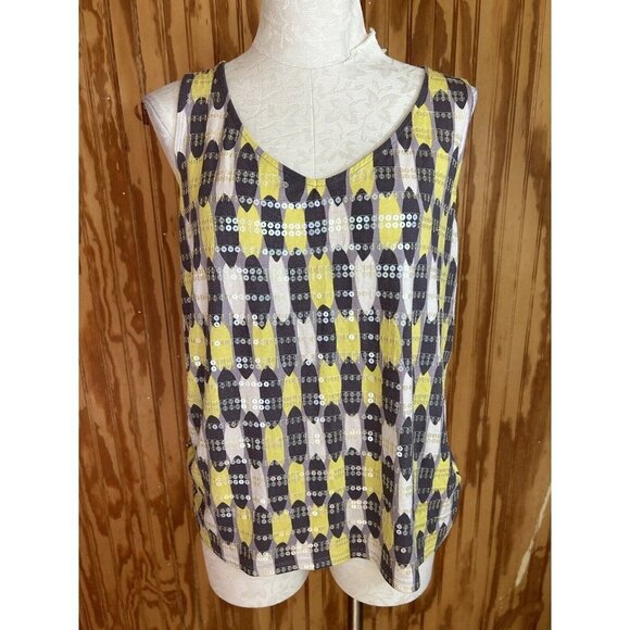 Boden Gray & Yellow Abstract Blouse US 10 R Sleeveless Tank Sequins Stre… - Picture 1 of 8